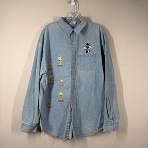 Crystal Springs Vintage Looney Tunes Tweety Sylvester Denim Shirt XXL USA Made